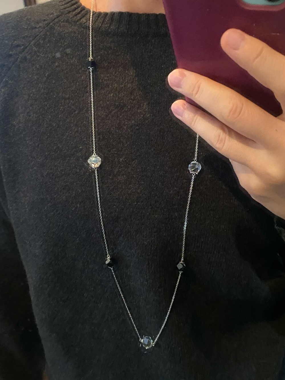 Swarovski long silver color chain, 90cm beaded black/clear crystal necklace